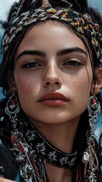 A female gypsy relaxes with closed eyes. She is wearing bohemian clothing and elaborate earrings and headwear. The woman appears to be a traveler, wanderer, or nomad