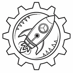 Rocket ship inside gear, symbolizing innovation, technology, and new beginnings