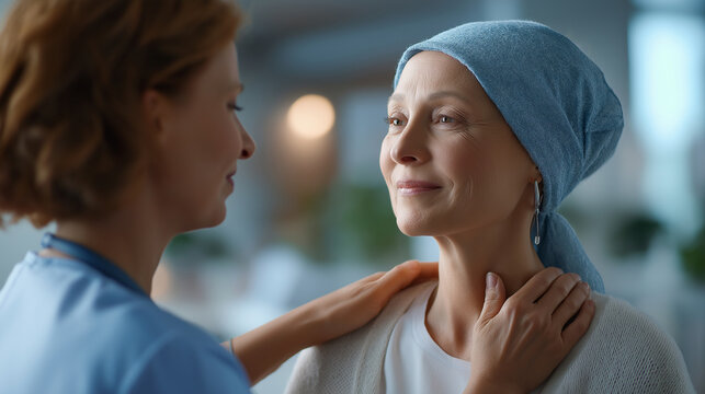 Faceless empathic nurse taking care of senior woman with cancer defocused hospital background stroking patient's cheek gesture compassionate oncology care emotional support mom