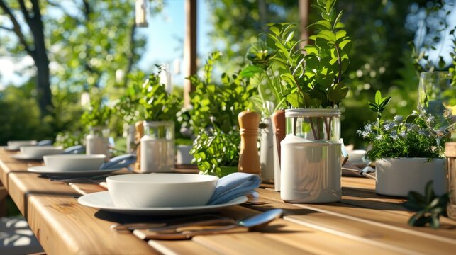 Elegant Outdoor Dining Table Set with Fresh Herbs in Glass Containers and Sunlight Shining Through Green Trees