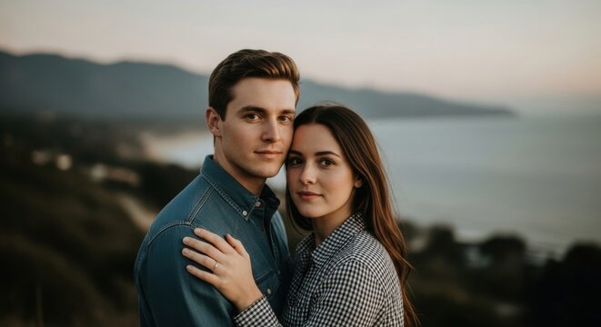 Young Caucasian couple portrait showing connection. Engaged partners posing together outdoors. Romantic lifestyle and travel concept. Relationship goals and secure partnership for the future - Powered by Adobe