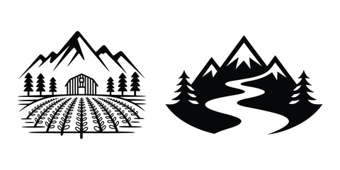 Mountain Farm Agriculture River Path Logo Vector Set