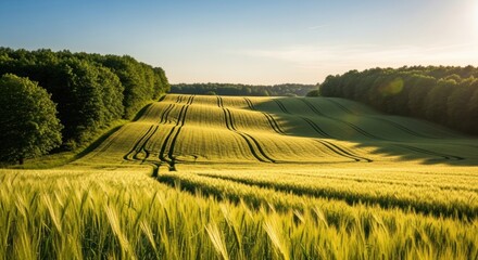 Golden wheat field on rolling hills. Agricultural landscape with tractor tracks. Summer harvest season in the countryside. Sustainable farming and organic food production. Rural scenery at golden hour