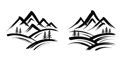 Brush Stroke Mountain River Logo Vector Illustration Set