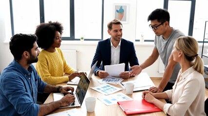 Diverse group of business people collaborating in a modern office meeting room, discussing charts and graphs - Powered by Adobe