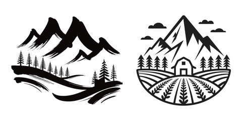 Brush Stroke Farm Mountain Logo Vector Illustration Set