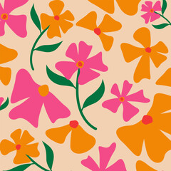 Artistic seamless floral pattern with pink and yellow flowers, green leaves background. Suitable for prints, fabric, wallpaper, packaging and decoration. Vector