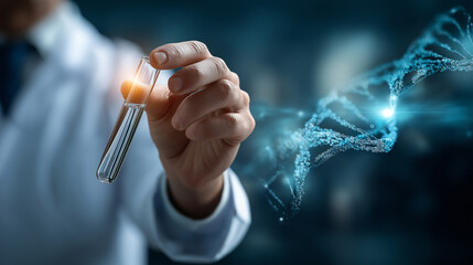 AI generated faceless scientist hand holding test tube defocused digital DNA graphics background cancer research concept biomarker detection visualization future medical