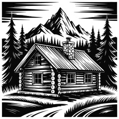 Detailed Mountain Log Cabin Forest Vector Illustration