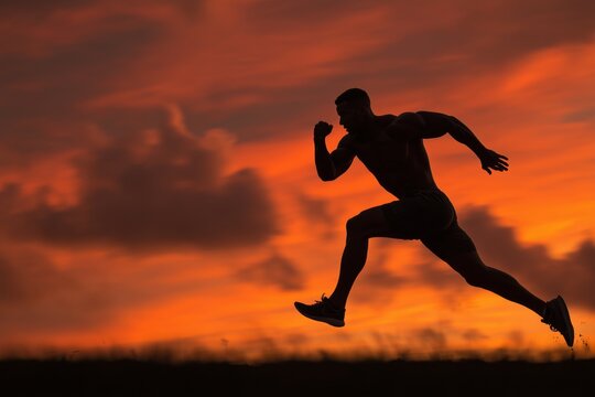 Runner in Silhouette Against Dramatic Sunset Background in an Open Field - Powered by Adobe