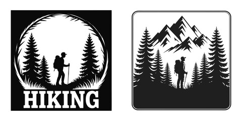 Hiking Trekking Man Mountain Forest Vector Logo Set