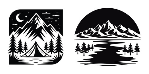 Mountain Camping River Night Vector Logo Illustration Set