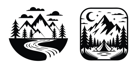 Mountain River Camping Night Vector Logo Illustration Set