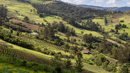Wide view of a fertile mountain valley with lush fields, scattered farms, and rolling hills under soft daylight. Ideal for rural lifestyle, agriculture, and landscape themes.