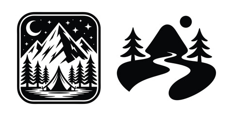 Mountain Camping River Night Vector Logo Illustration Set