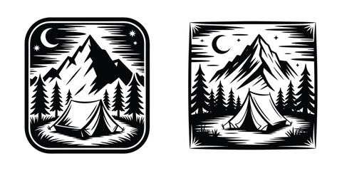 Camping Mountain Tent Night Vintage Vector Logo Set