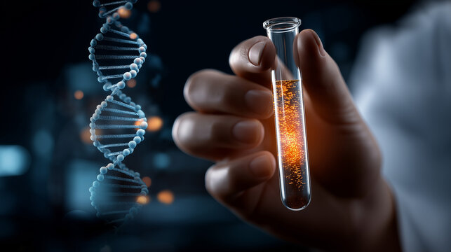 AI generated faceless scientist hand holding test tube defocused digital DNA graphics background cancer research concept biomarker detection visualization future medical