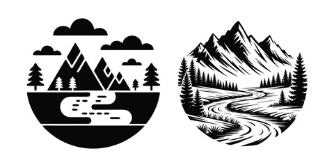 Mountain river forest landscape vector illustration