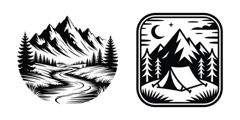 Mountain camping river landscape vector illustration