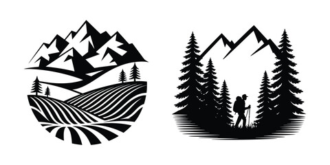 Mountain Farm and Hiking Vector Illustration Set