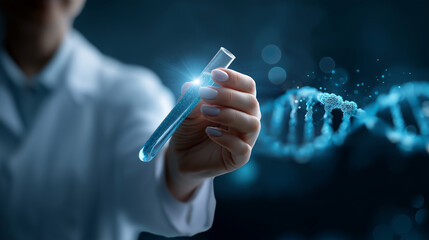 AI generated faceless scientist hand holding test tube defocused digital DNA graphics background cancer research concept biomarker detection visualization future medical
