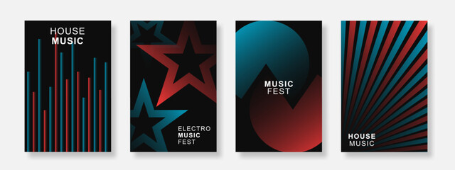 Modern gradient music poster on dark background set. Minimalist Sound Cover template with geometric shape design. Suitable for party, festival, social media, club, banner. Vector