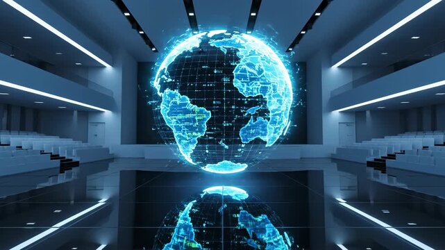 A digital globe projects onto a stage in a modern auditorium reflecting on a glossy floor amid stark white seats