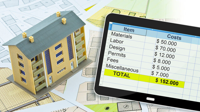 BUILDING RENOVATION COST ESTIMATE WITH BLUEPRINTS AND BUDGET ON TABLET - Architectural model with a digital spreadsheet showing construction costs, materials, labor and planning details - Powered by Adobe
