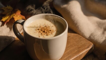 Cozy Autumn Coffee Drink with Cinnamon and Warm Blanket.