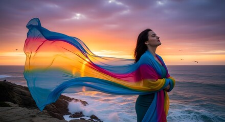 A tranquil pregnant woman embraces the moment as a colorful fabric billows in the wind during a scenic ocean sunset