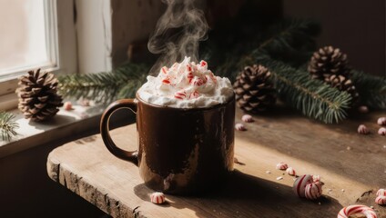 Cozy Winter Hot Chocolate with Whipped Cream and Candy Cane Topping.