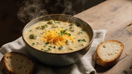 Creamy Broccoli Cheddar Soup with Bread Slices on Wooden Table.