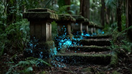 Stone steps in lush forest, glowing blue