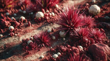 Alien landscape with vibrant crimson plants