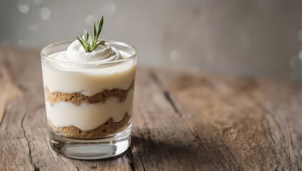 Creamy layered dessert in a glass with rosemary garnish on a rustic wooden table.