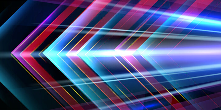 Neon glowing arrows showing forward, futuristic bright laser light stripes. Dynamic motion speed boost concept, pink blue optical flares. Cyber abstract technology background, shiny lines texture.