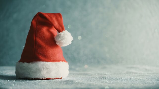 Classic red santa claus hat with white trim resting on snowy surface with falling snowflakes - Powered by Adobe