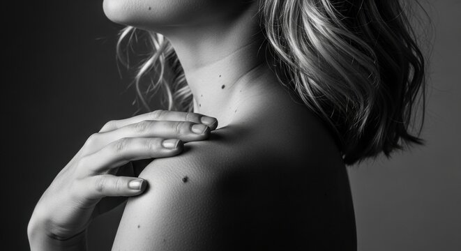 Woman's skin with nevi closeup. Dermatology and melanoma prevention concept. Self examination for skin cancer awareness. Gentle touch for body positivity and self care - Powered by Adobe