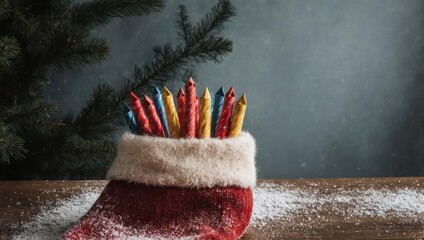 Christmas stocking filled with colorful crayons on wooden surface.