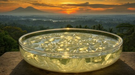 Glass bowl, golden objects, scenic sunrise
