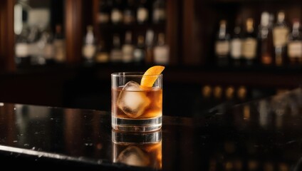 Classic Old Fashioned Cocktail on a Bar Counter with Orange Garnish.