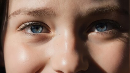 Close up of a persons eyes with blue irises and bright skin.