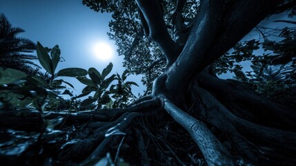 Large tree roots spread under moonlit sky