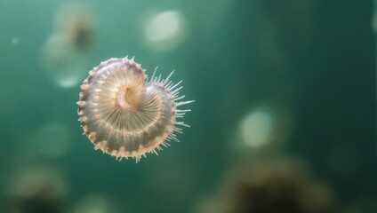 Close up of a small seashell floating in clear green water.
