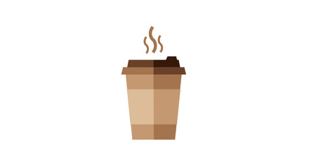 A stylized brown paper cup with a dark brown lid and steam rising, set against a stark white background