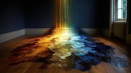 Rainbow liquid spills on wooden floor