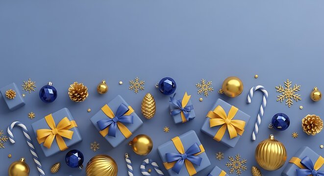 Christmas gifts and decorations on a blue background with snowflakes and candy canes background