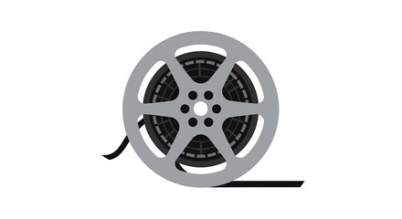 Obraz premium A classic film reel icon. A gray reel with black film inside and a strip of film trailing from the side against a white backdrop