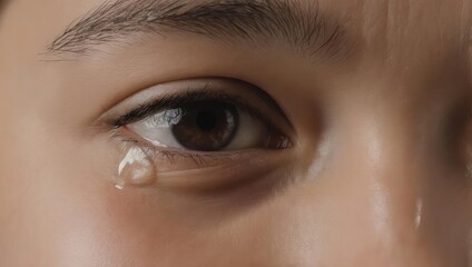 Close-up of a crying eye with a tear rolling down.