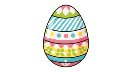 A decorated egg, vibrantly colored with stripes, dots, diamonds, and floral patterns against a white background